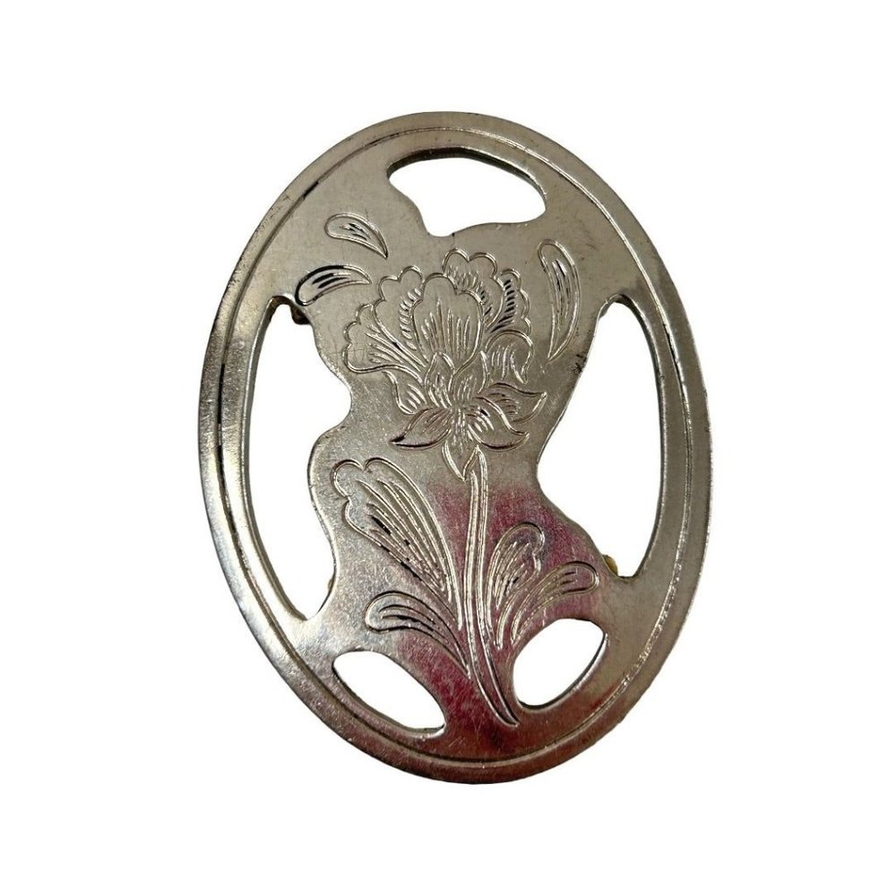 Vintage‎ Signed Kirk Stieff Pewter Brooch Pin Etched Floral 2.25"
